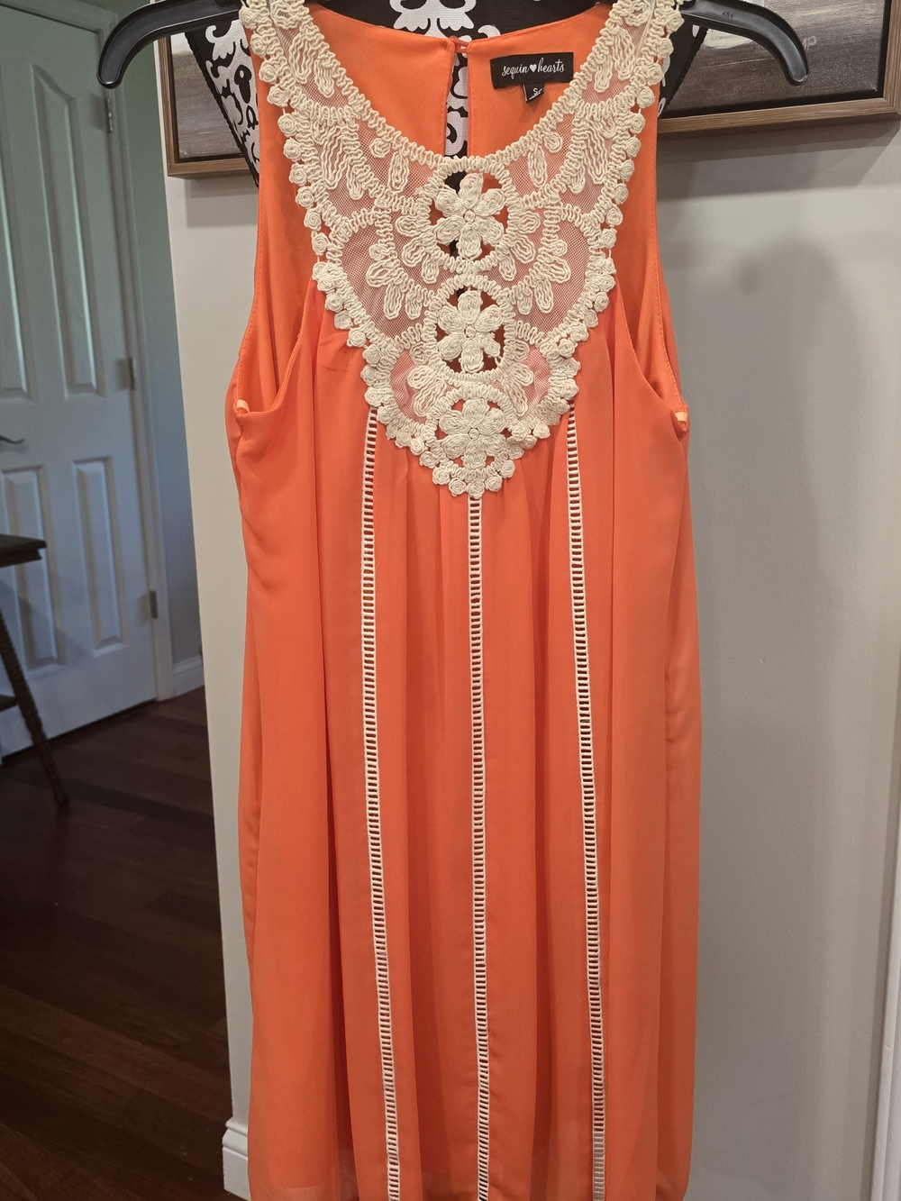 Sequin Hearts Orange Midi Dress with Crochet Yoke
